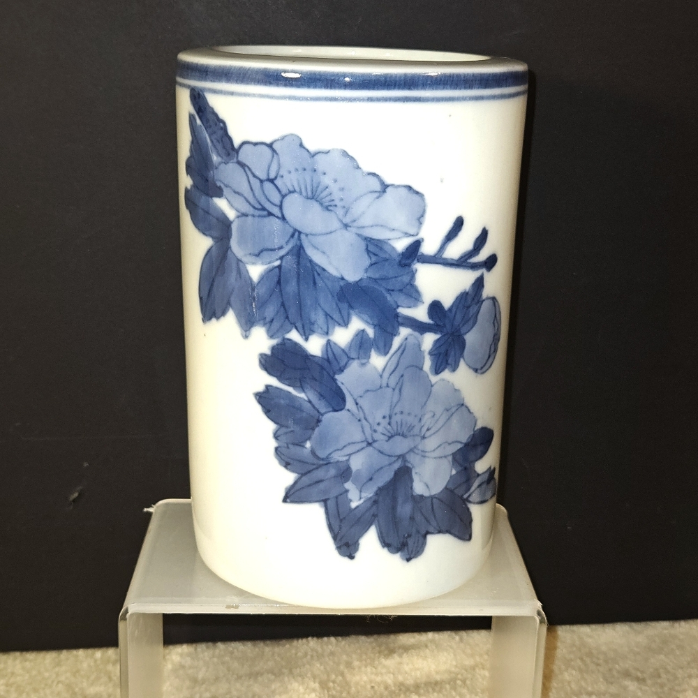 Vintage Japanese Blue White Ceramic Cylinder Vase Asian Decor